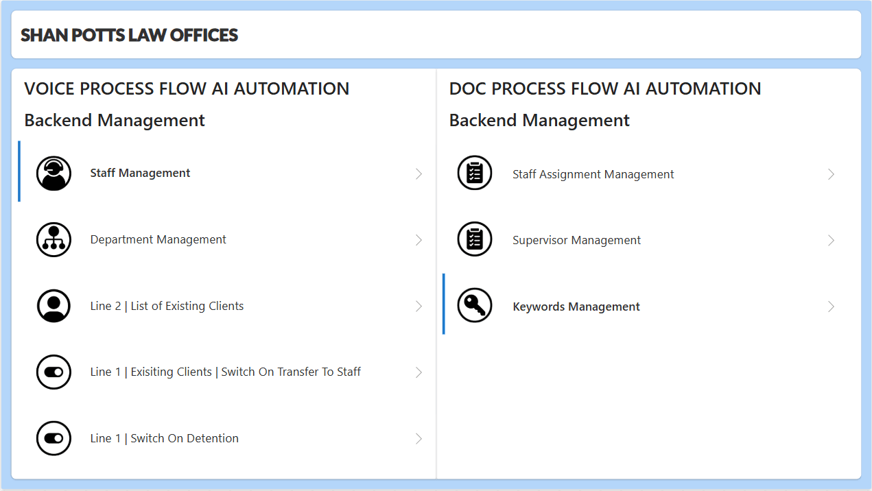 Backend management app main menu